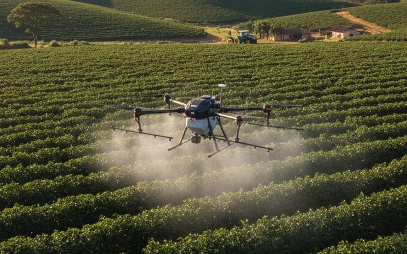 Drone pulverizando lavoura